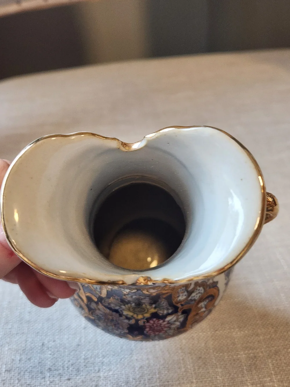 Vintage Handpainted White Blue and Gold Decorative Double-Handled Porcelain Vase - Picture 11 of 11